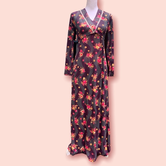 Vintage 70's Floral Empire Waist Maxi Dress XS Flower Power - Picture 5 of 16